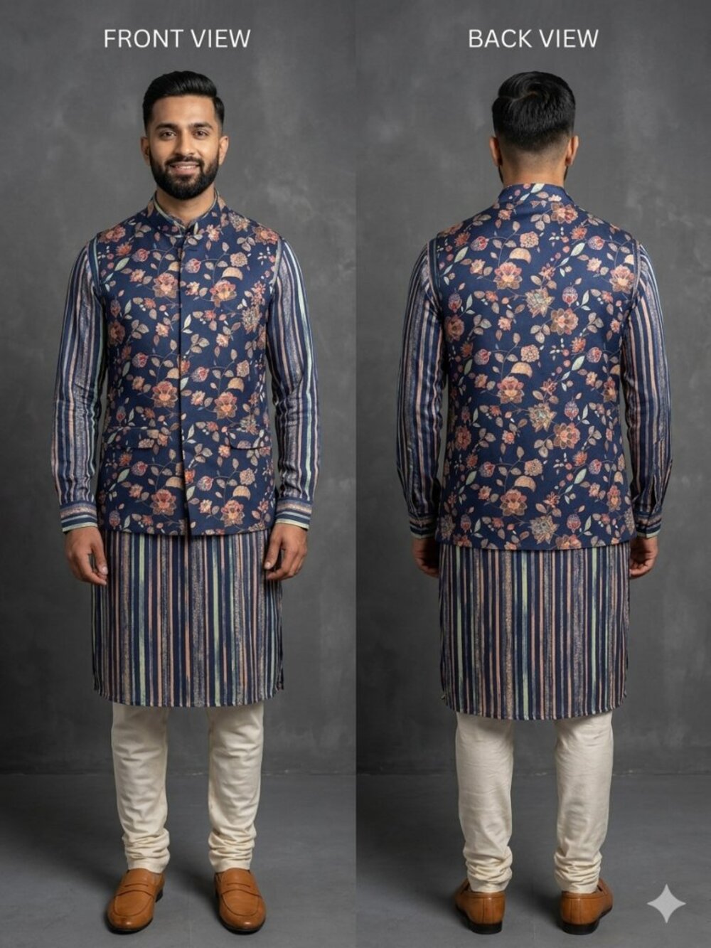 Navy Blue Floral jacket with Striped Kurta